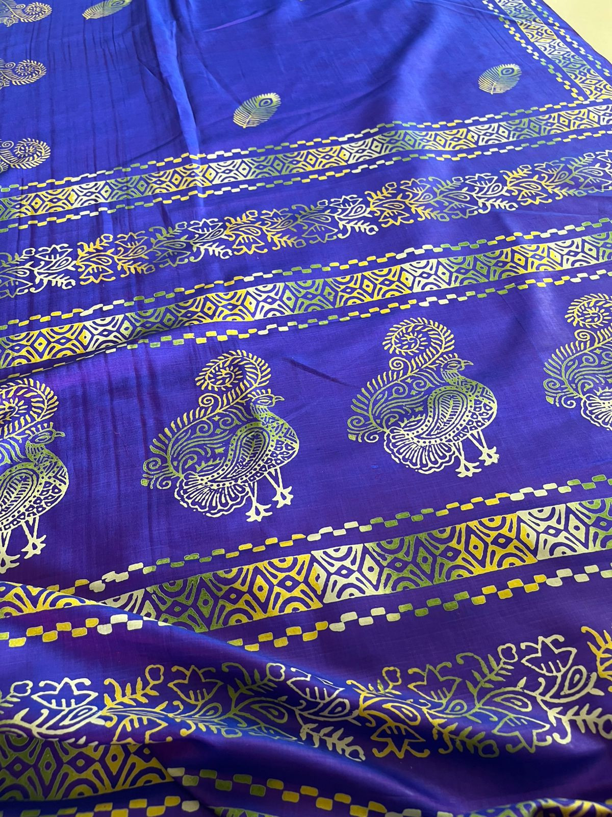 Bhishnupuri Pure Silk Saree with Handblock Print - Imperial Blue