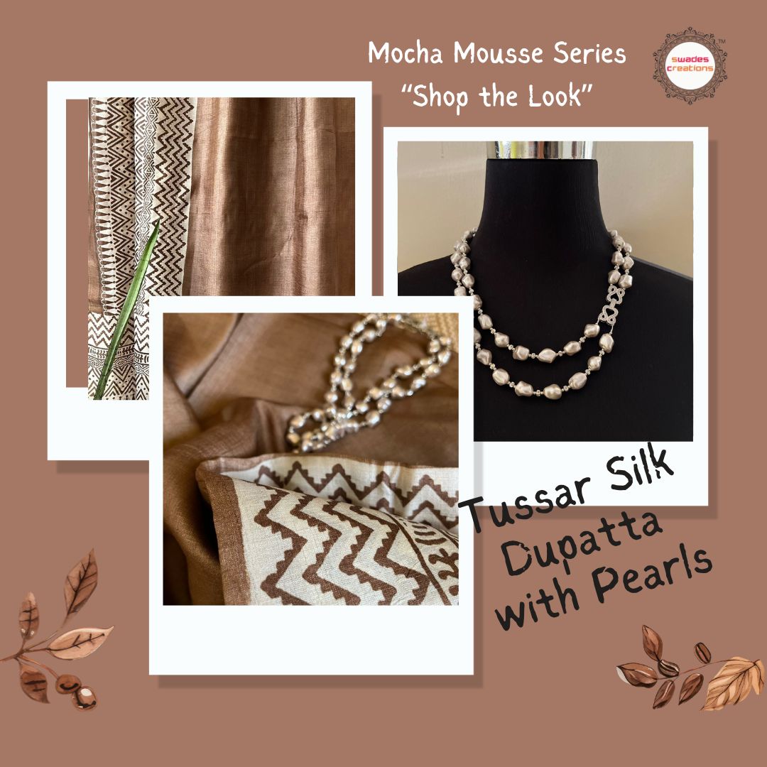 Mocha Mousse Series Tussar Silk Dupatta with Shell Pearl Neckpiece