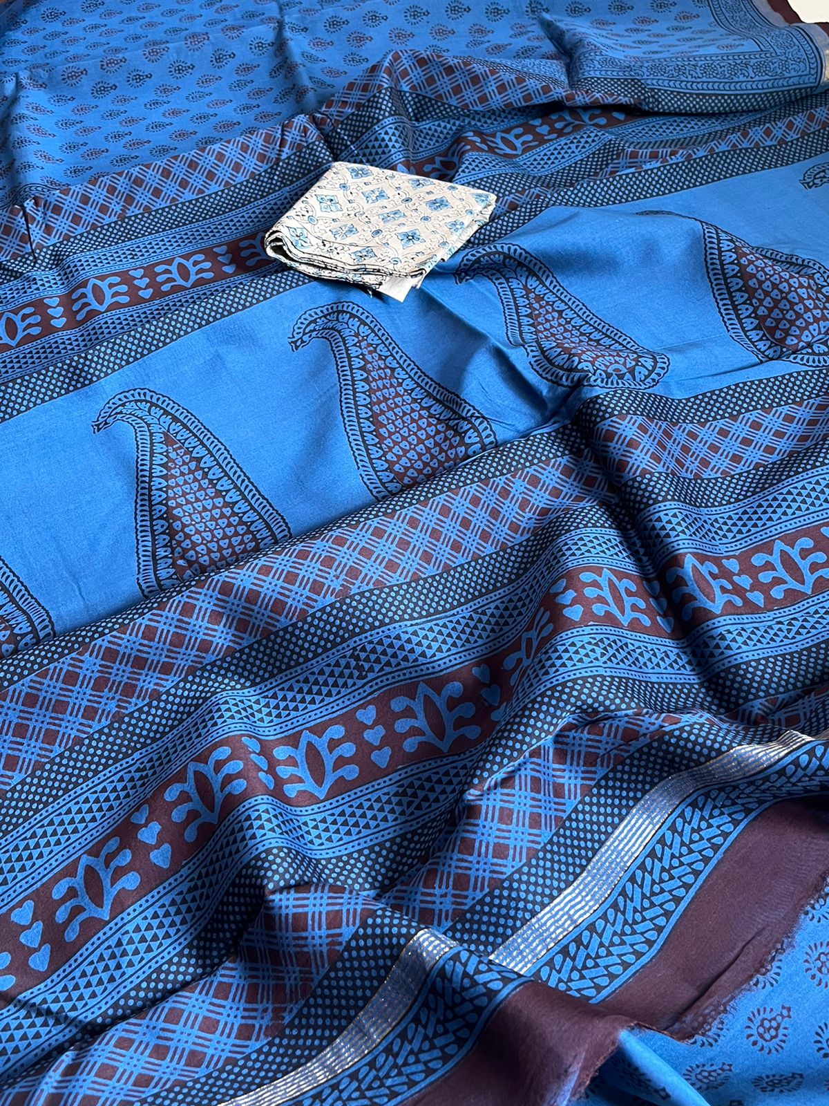 Chanderi Silk Cotton Saree with Traditional Bagh Hand Block Print - Blue