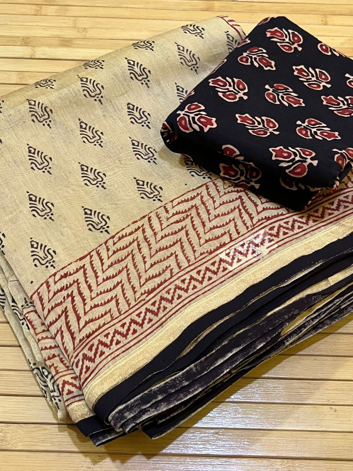 Chanderi Silk Cotton Saree with Traditional Bagh Hand Block Print - Beige