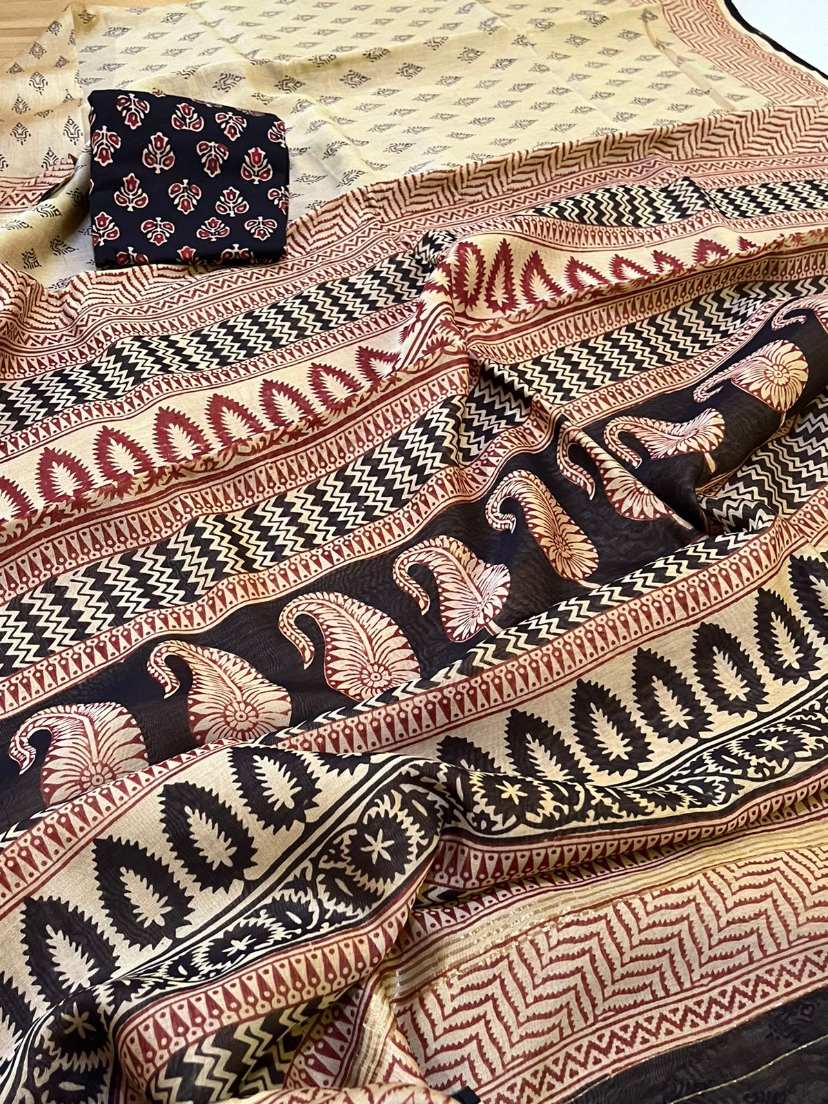 Chanderi Silk Cotton Saree with Traditional Bagh Hand Block Print - Beige