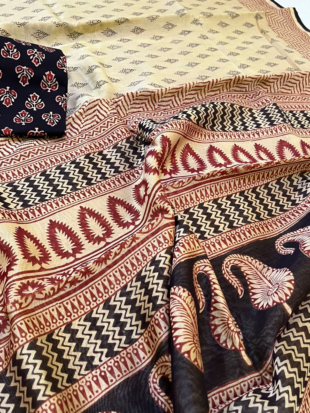 Chanderi Silk Cotton Saree with Traditional Bagh Hand Block Print - Beige