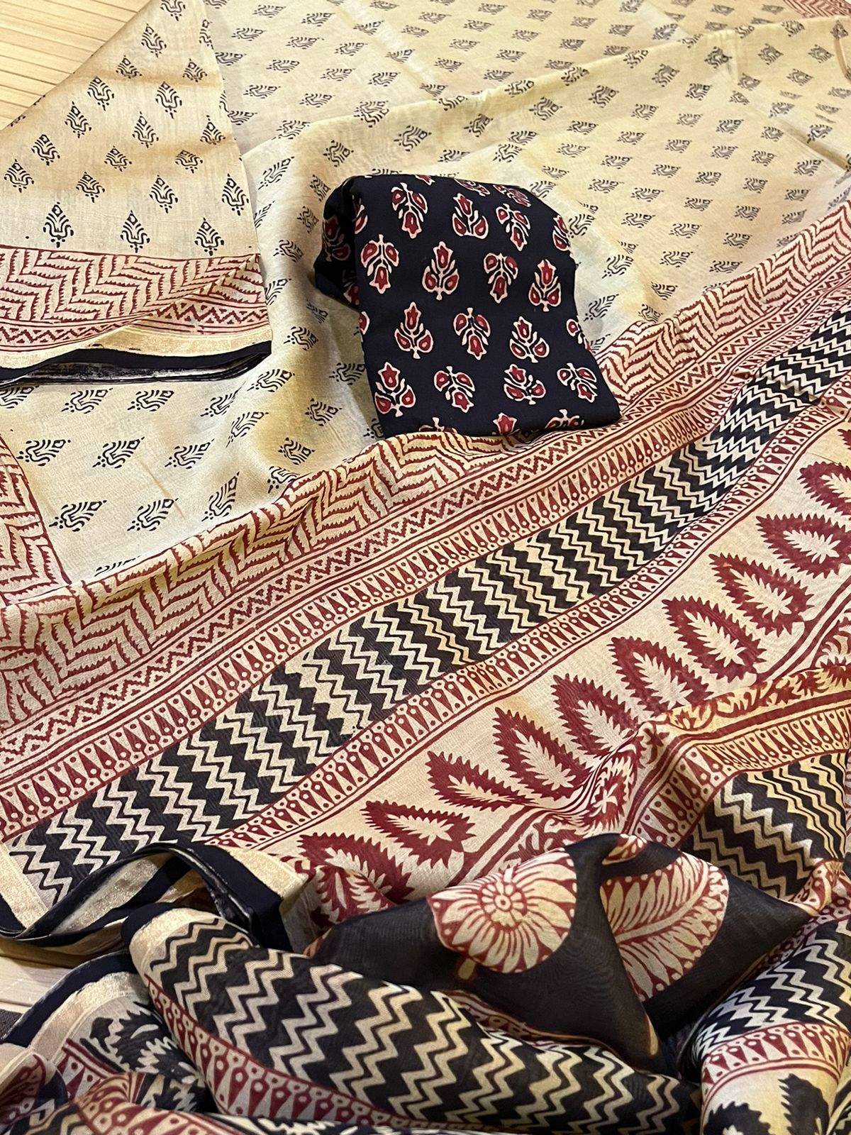 Chanderi Silk Cotton Saree with Traditional Bagh Hand Block Print - Beige