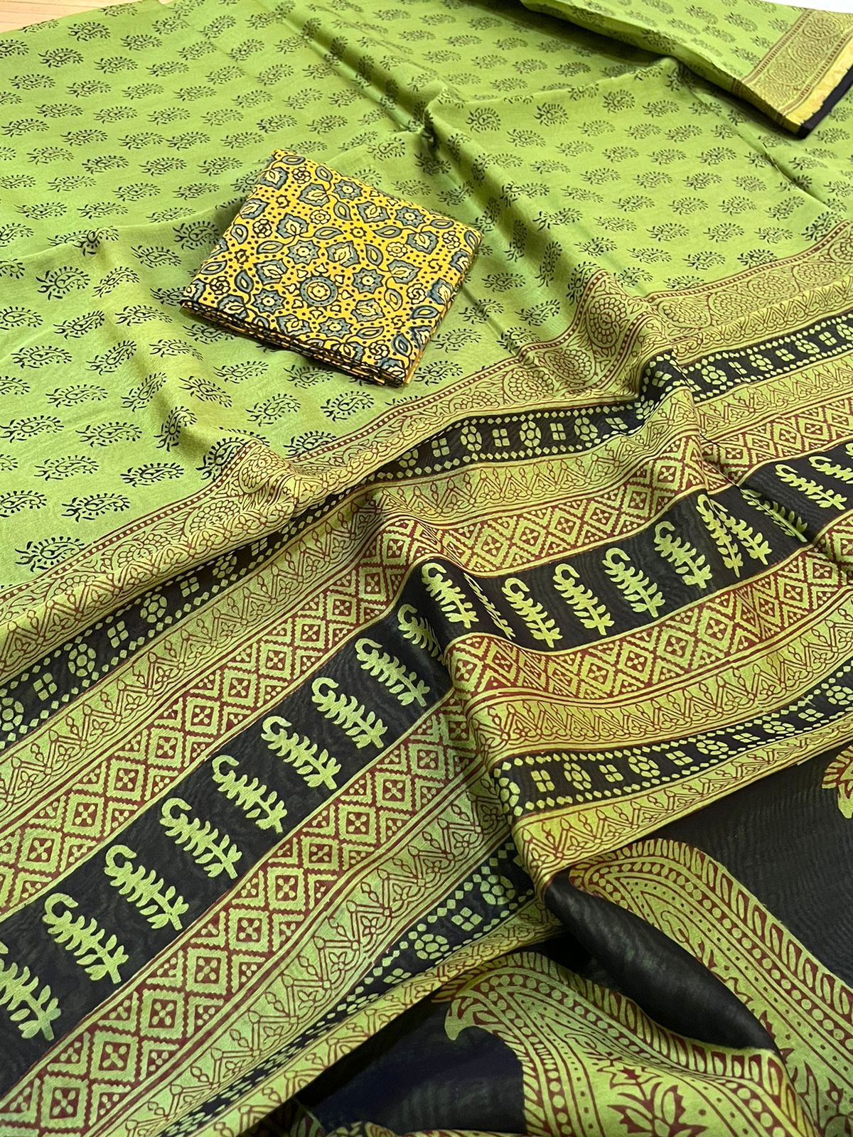 Chanderi Silk Cotton Saree with Traditional Bagh Hand Block Print - Green