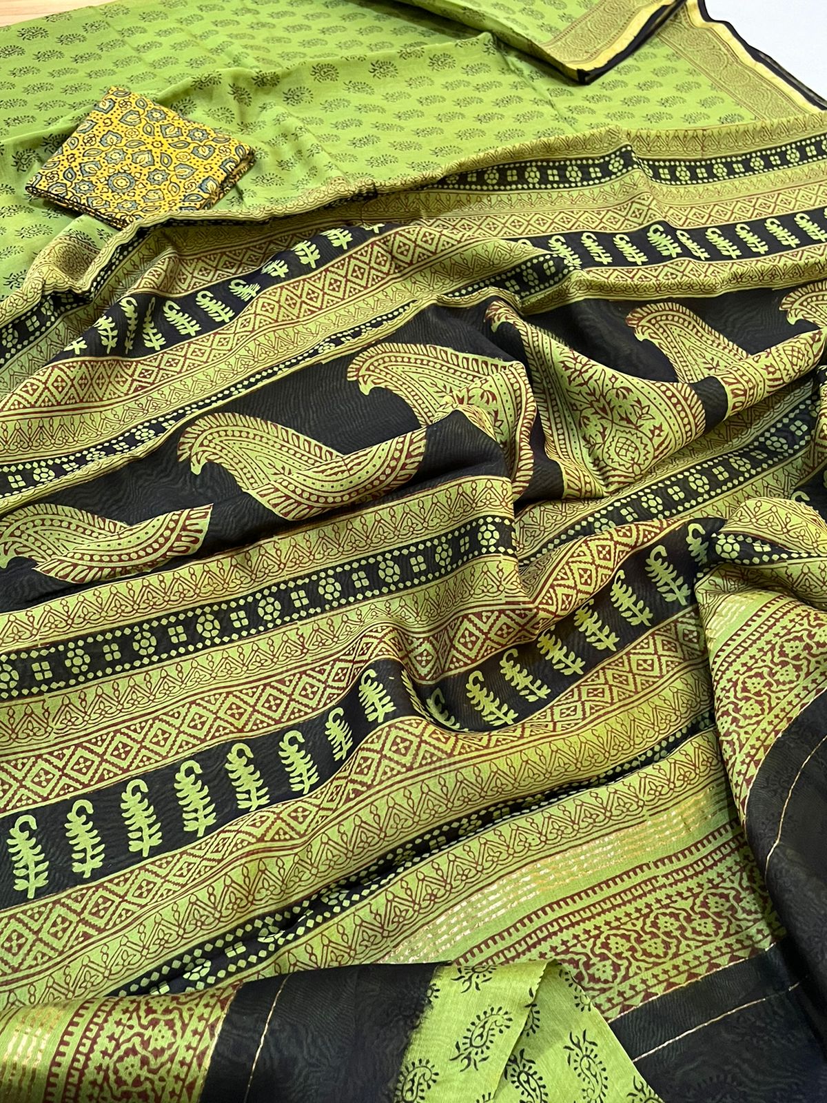 Chanderi Silk Cotton Saree with Traditional Bagh Hand Block Print - Green