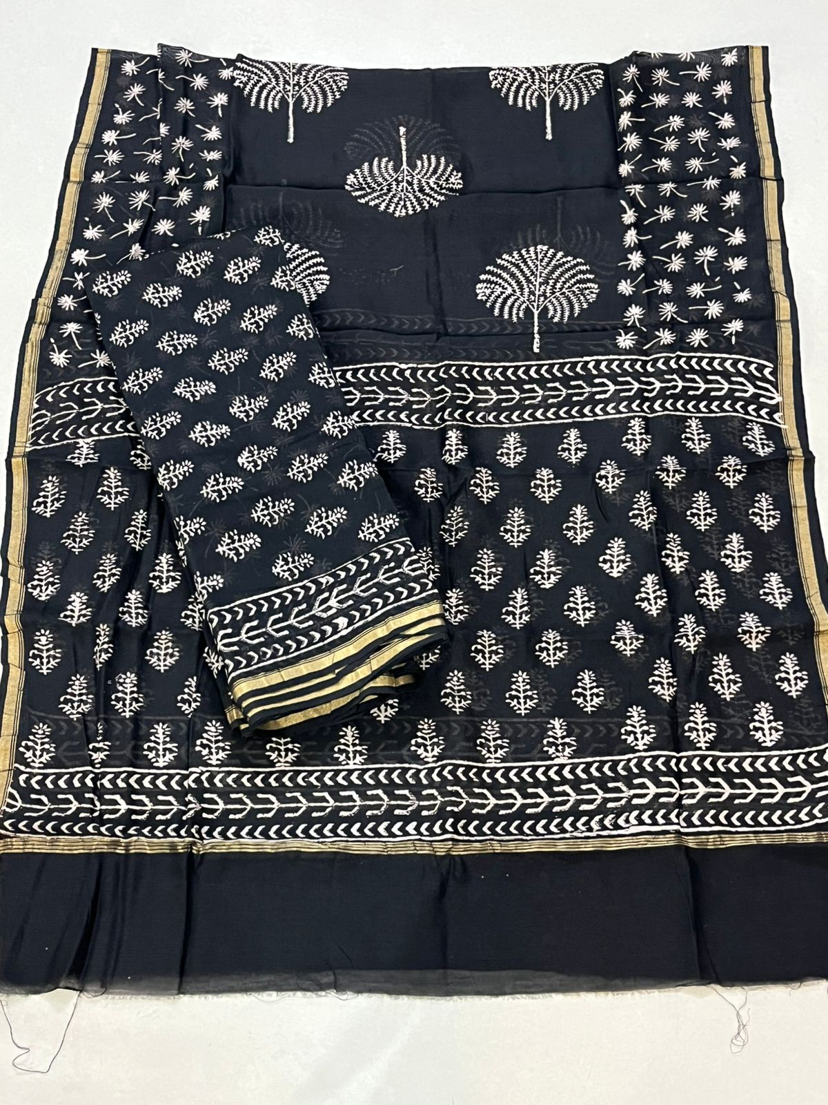 Chanderi 3 piece Dabu Handblock Print Suit - Black
