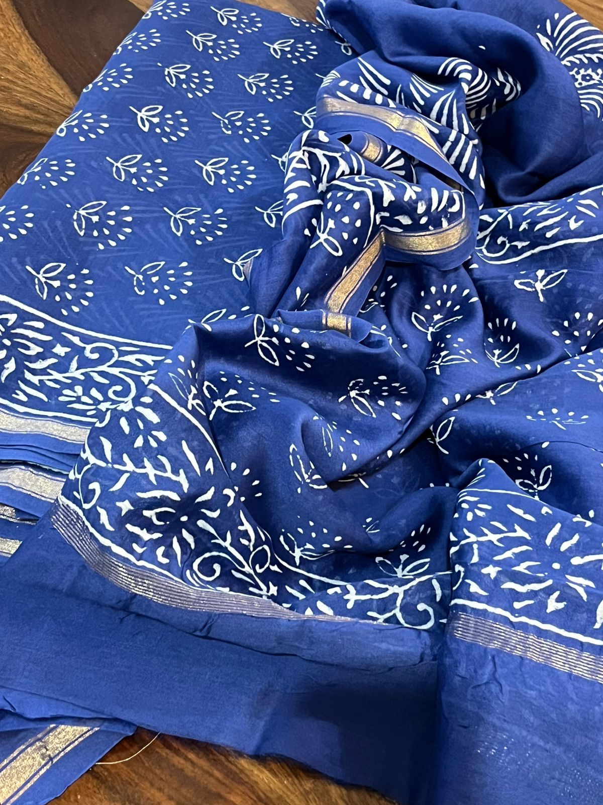 Chanderi 3 piece Dabu Handblock Print Suit - Blue