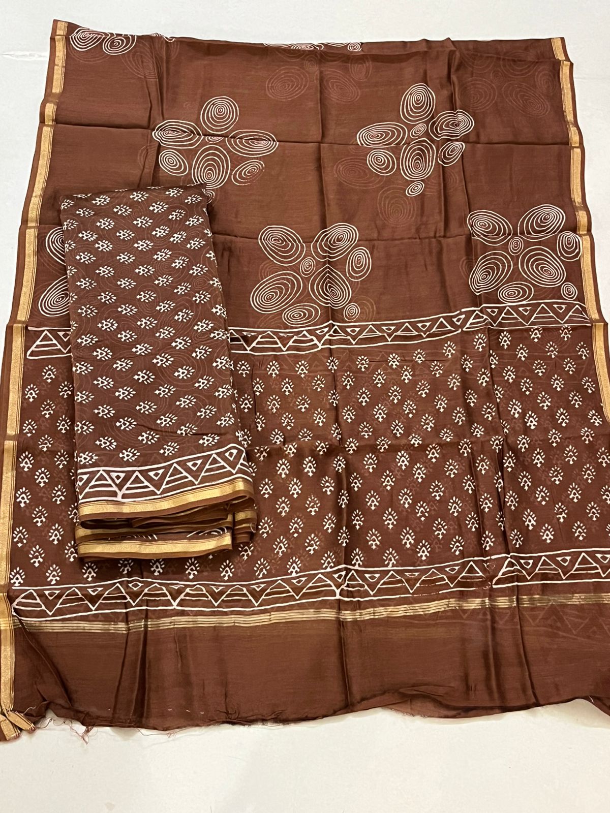 Chanderi 3 piece Dabu Handblock Print Suit - Brown