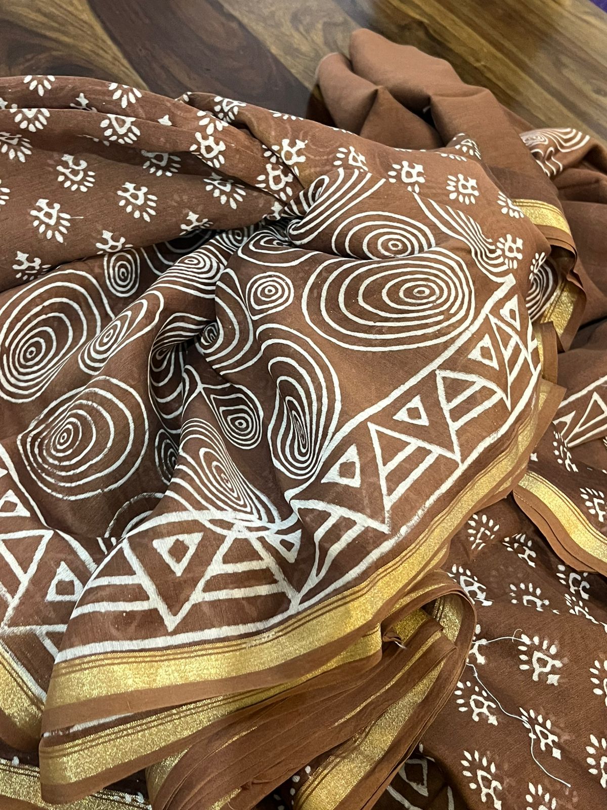 Chanderi 3 piece Dabu Handblock Print Suit - Brown