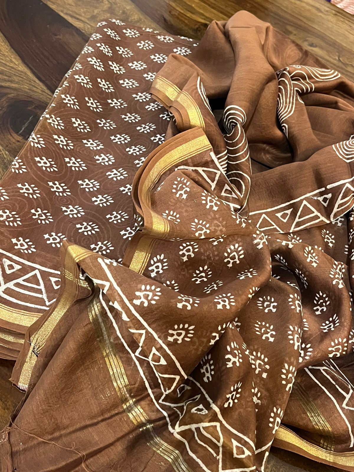 Chanderi 3 piece Dabu Handblock Print Suit - Brown