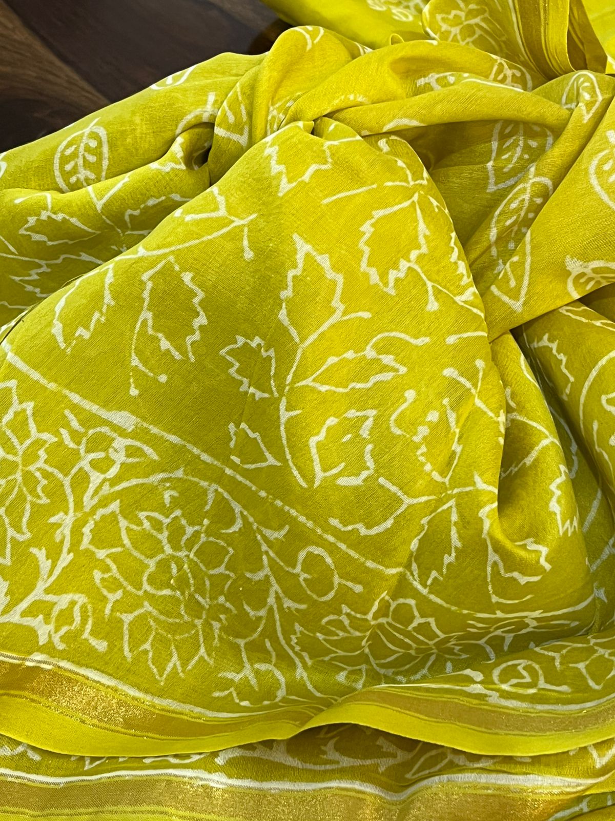 Chanderi 3 piece Dabu Handblock Print Suit - Greenish Yellow