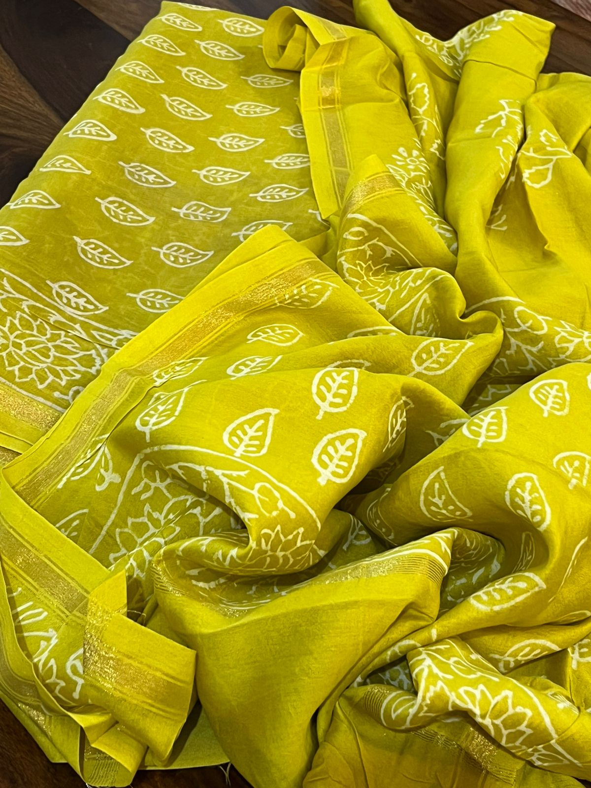 Chanderi 3 piece Dabu Handblock Print Suit - Greenish Yellow