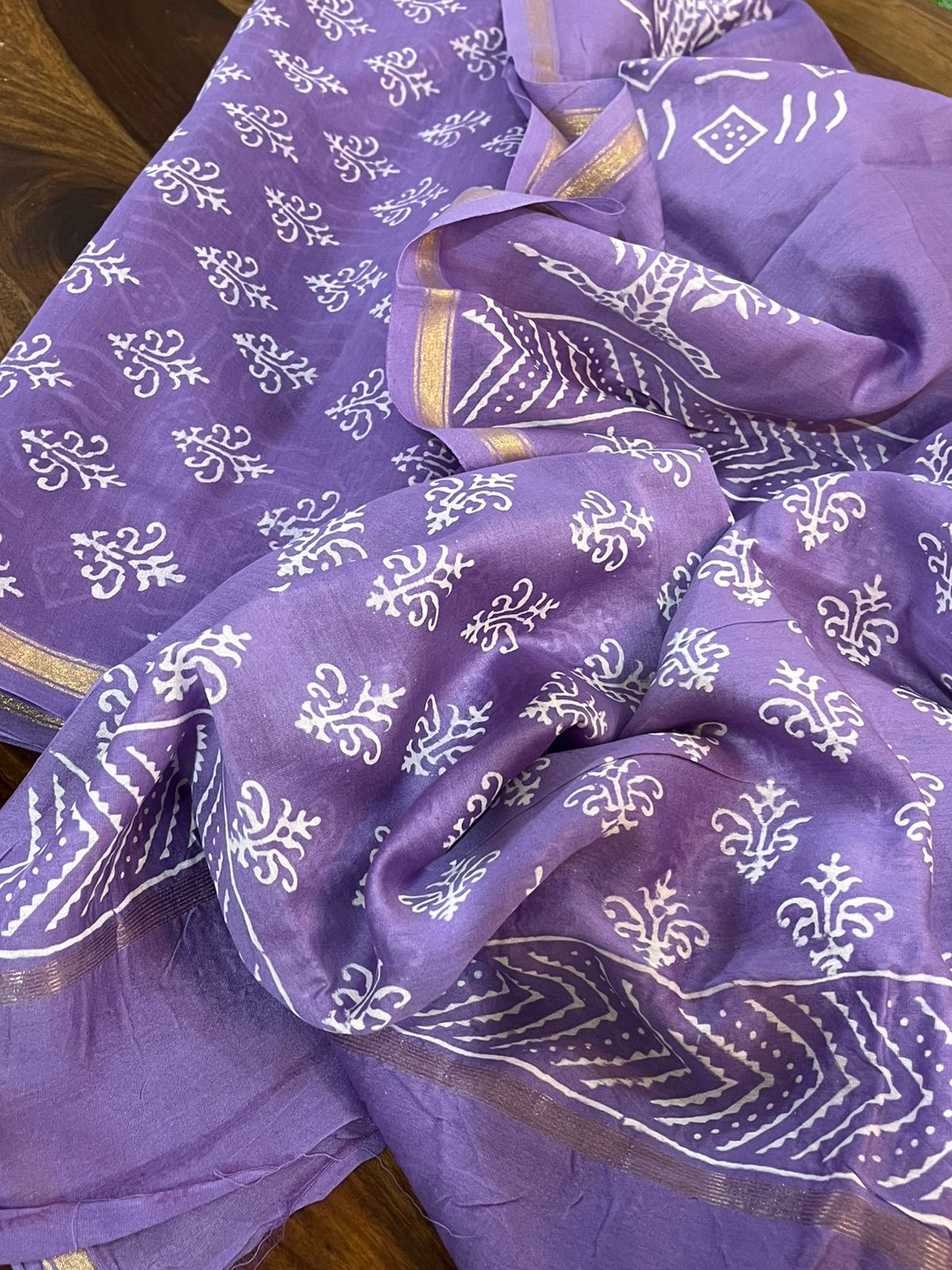 Chanderi 3 piece Dabu Handblock Print Suit - Lavendar