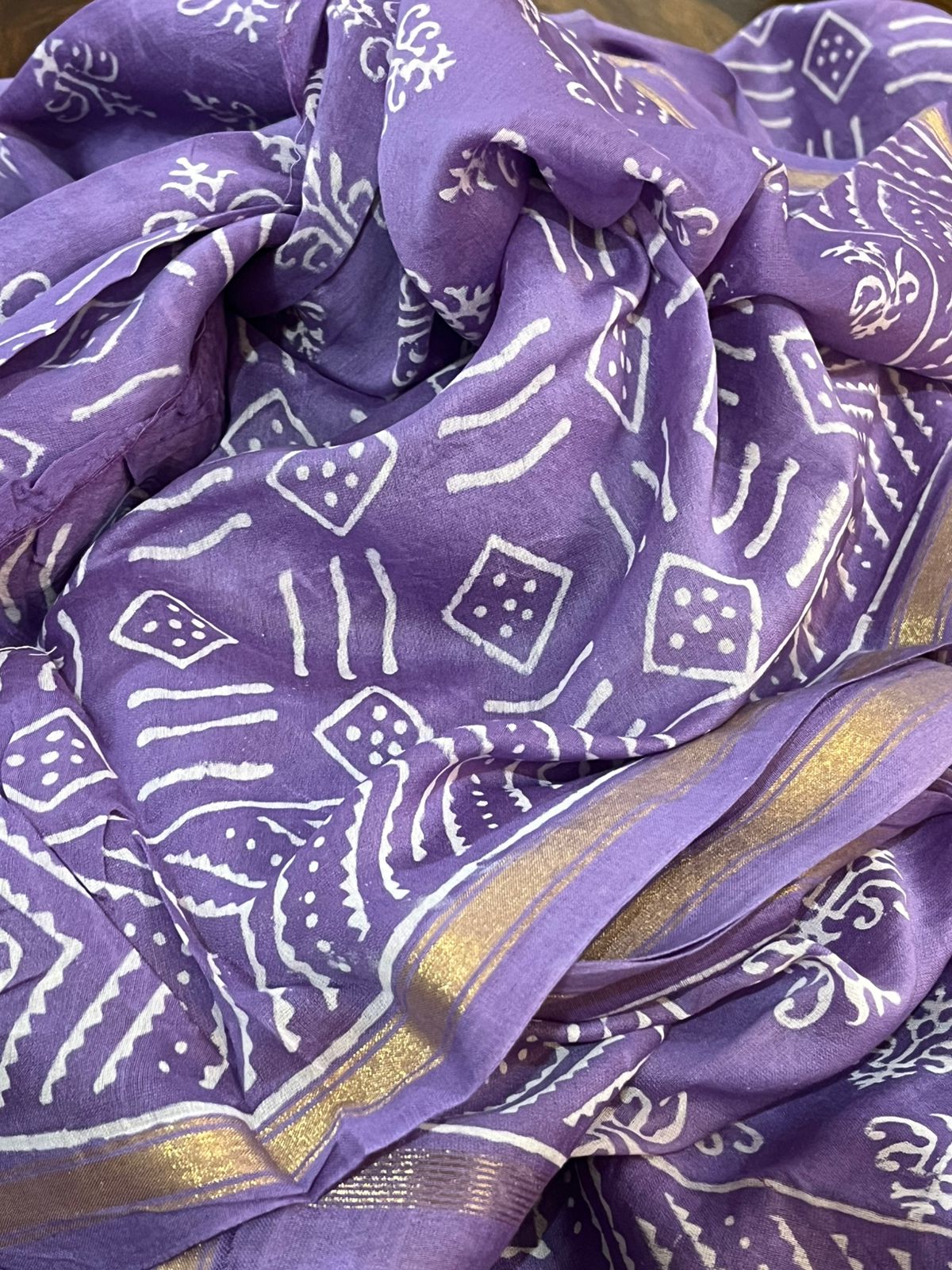 Chanderi 3 piece Dabu Handblock Print Suit - Lavendar