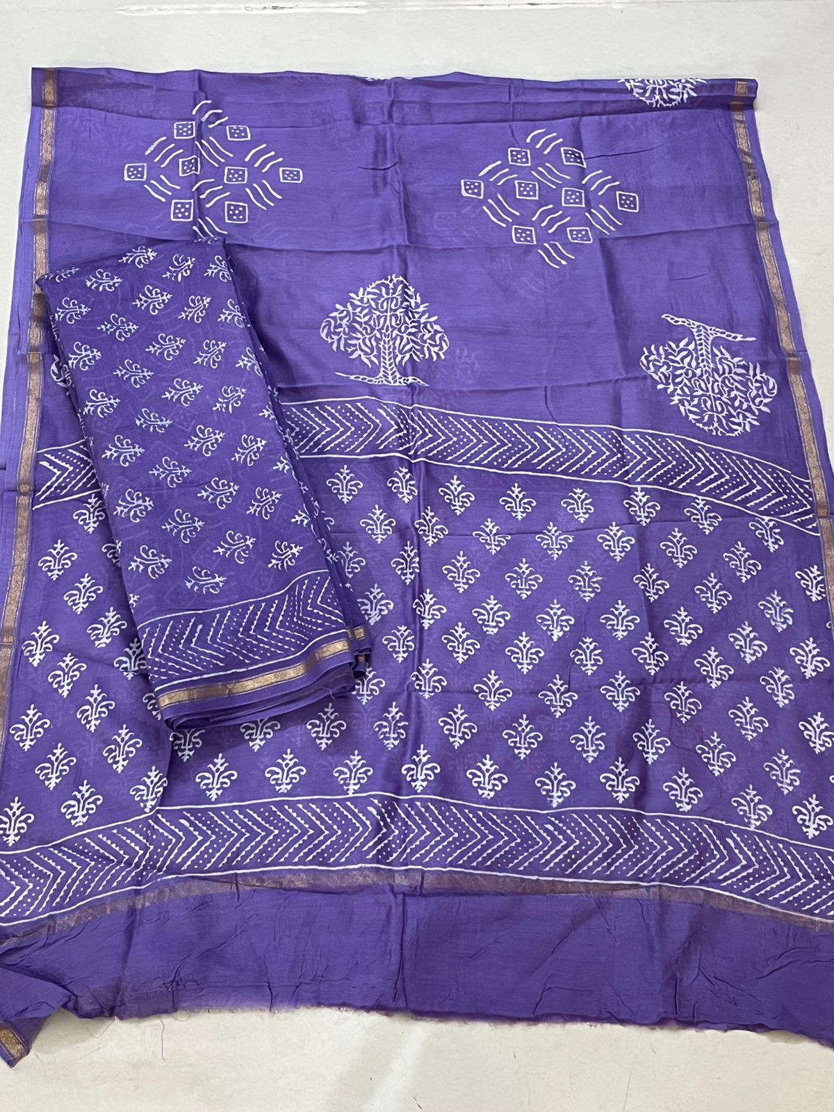Chanderi 3 piece Dabu Handblock Print Suit - Lavendar