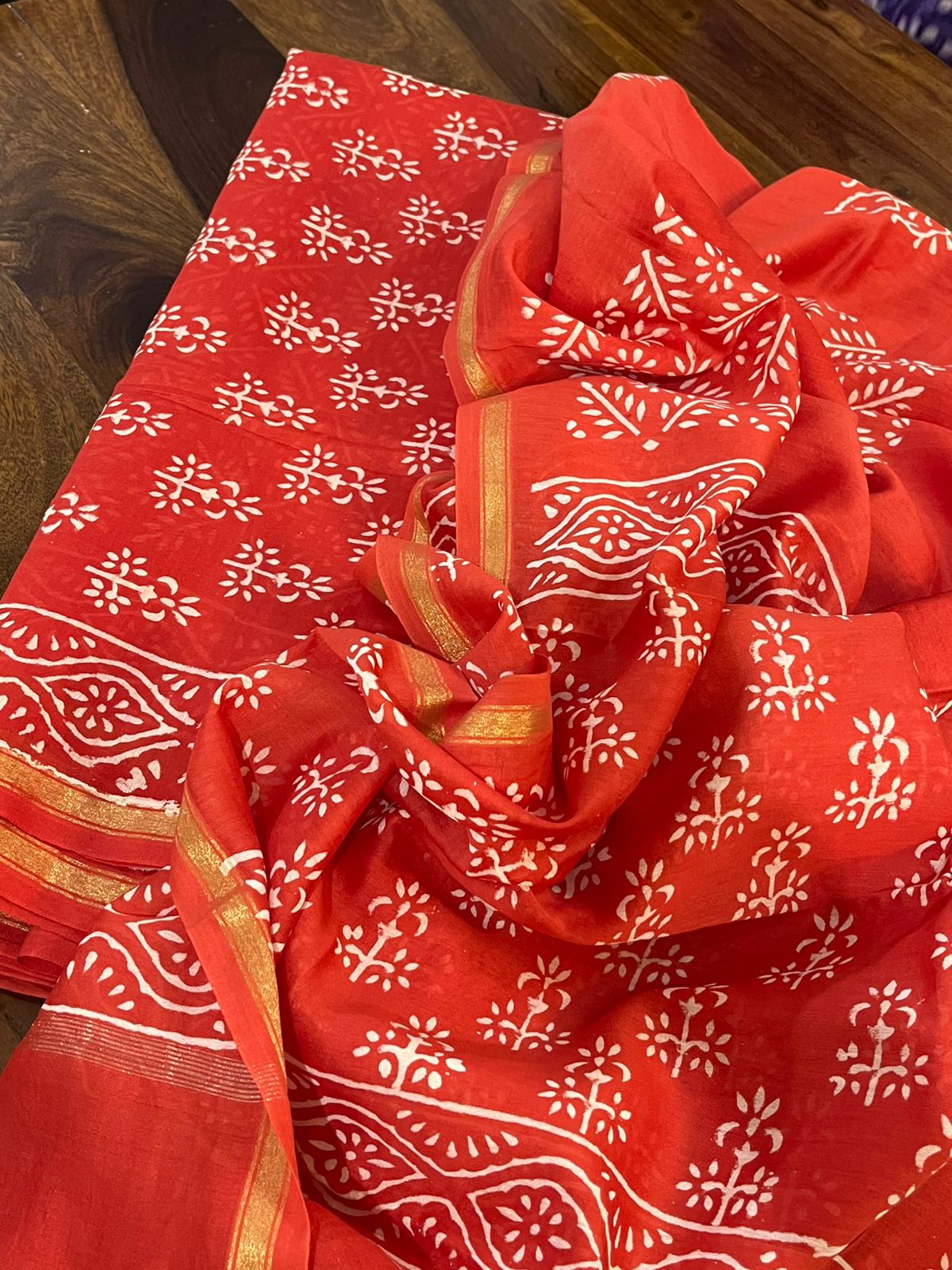 Chanderi 3 piece Dabu Handblock Print Suit - Orange