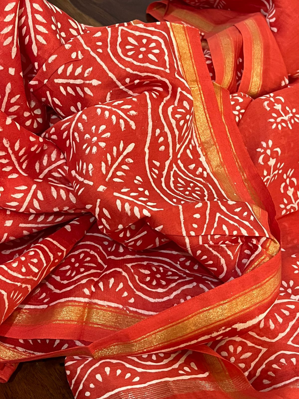 Chanderi 3 piece Dabu Handblock Print Suit - Orange