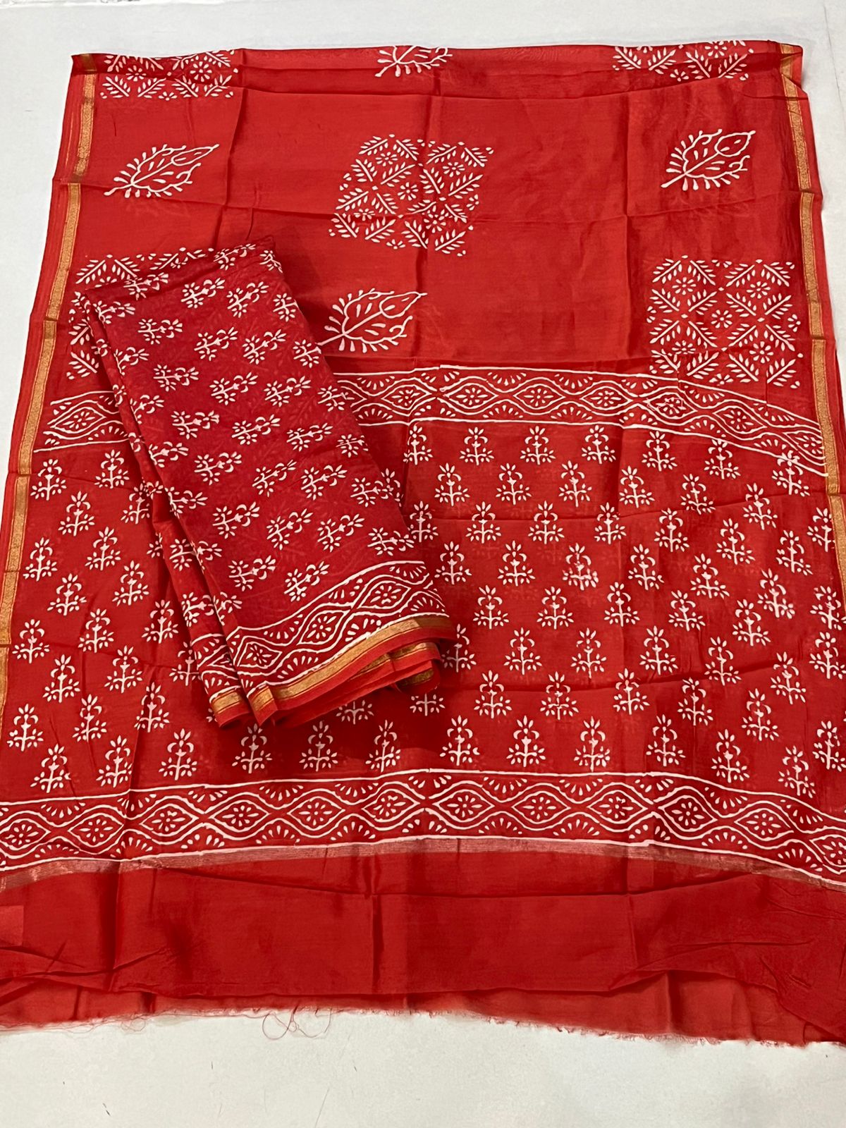 Chanderi 3 piece Dabu Handblock Print Suit - Orange
