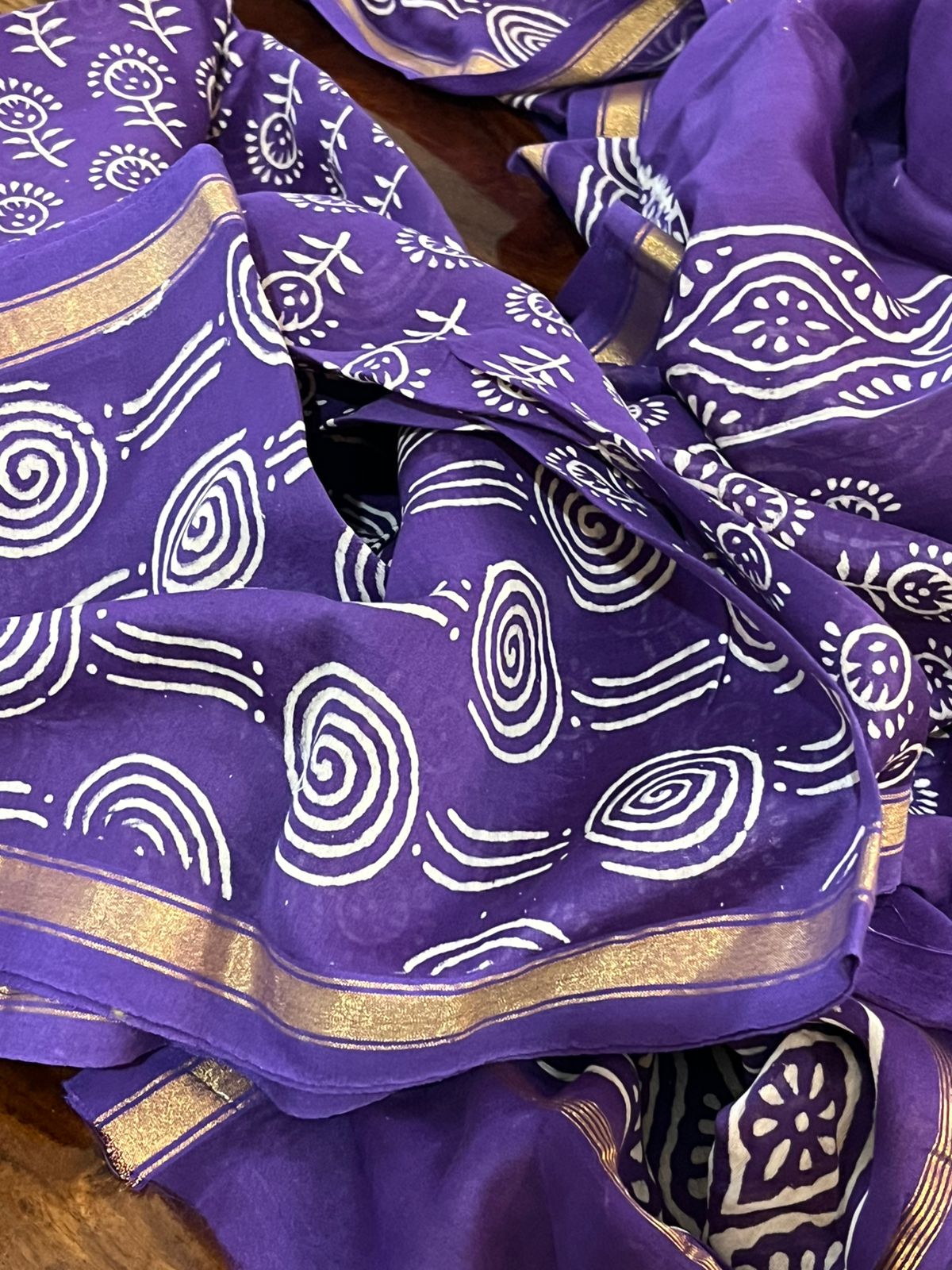 Chanderi 3 piece Dabu Handblock Print Suit - Purple