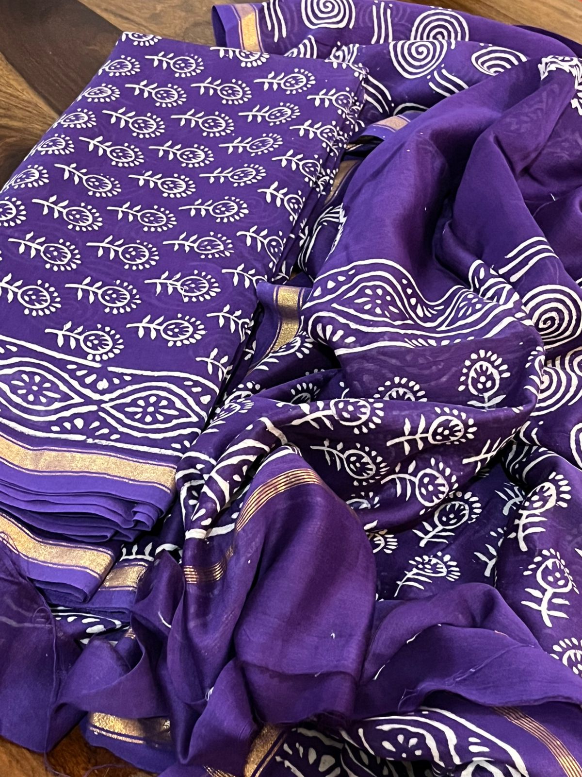 Chanderi 3 piece Dabu Handblock Print Suit - Purple