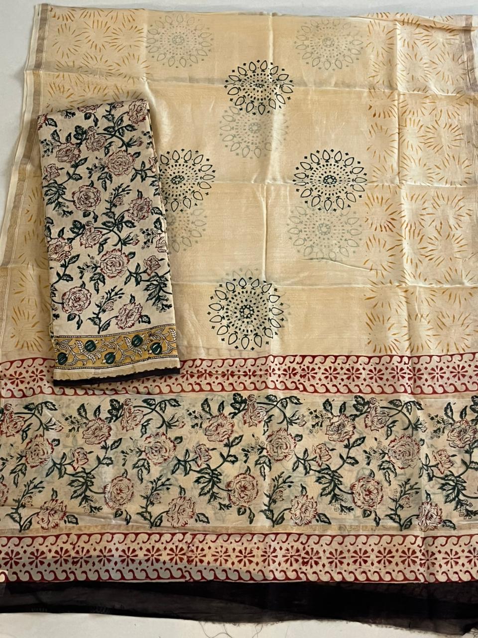 Chanderi Cotton Silk 3 piece Suit with Handblock print