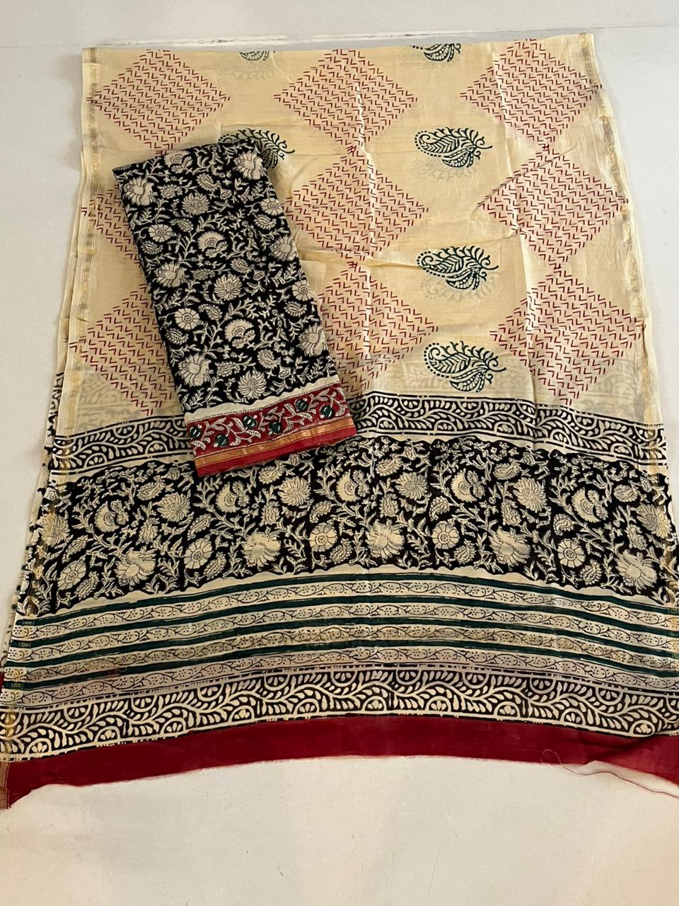 Chanderi Cotton Silk 3 piece Suit with Handblock print