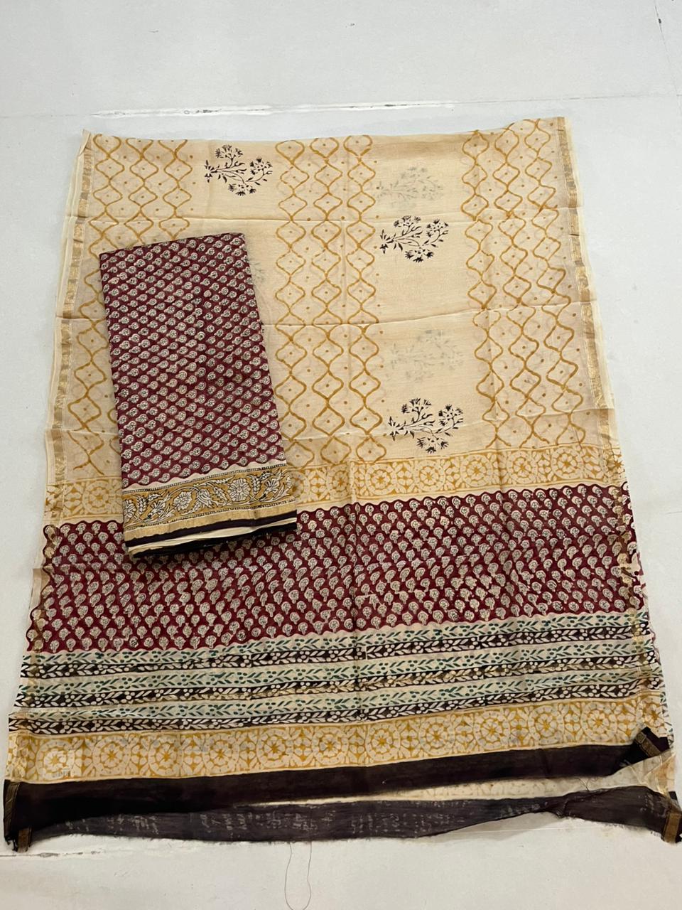 Chanderi Cotton Silk 3 piece Suit with Handblock print