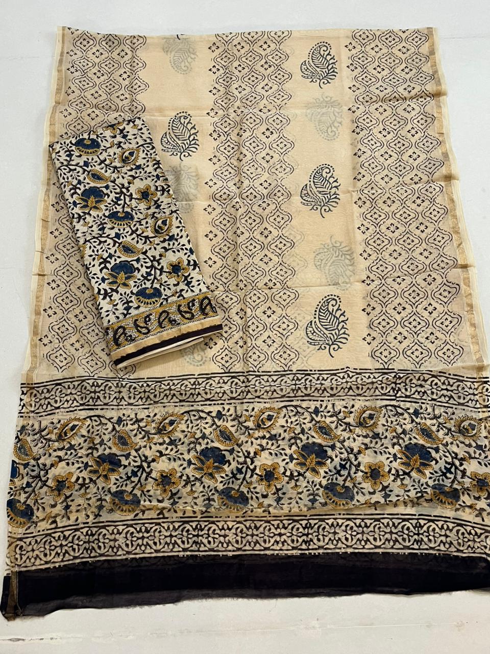 Chanderi Cotton Silk 3 piece Suit with Handblock print