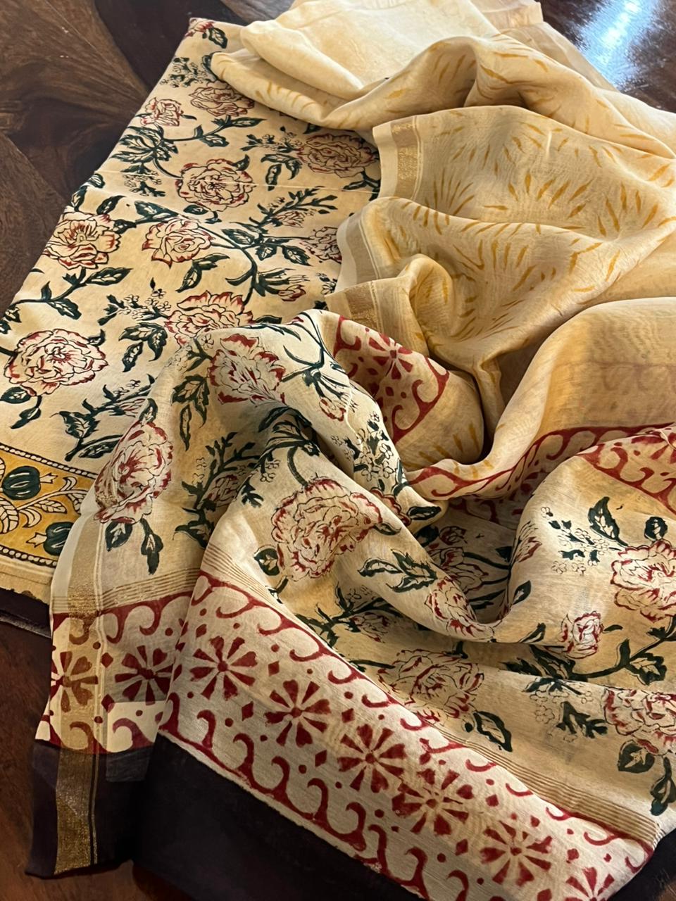 Chanderi Cotton Silk 3 piece Suit with Handblock print