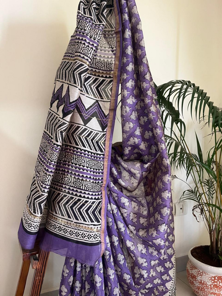 Image of Chanderi Cotton Silk Saree with Handblock Print Saree