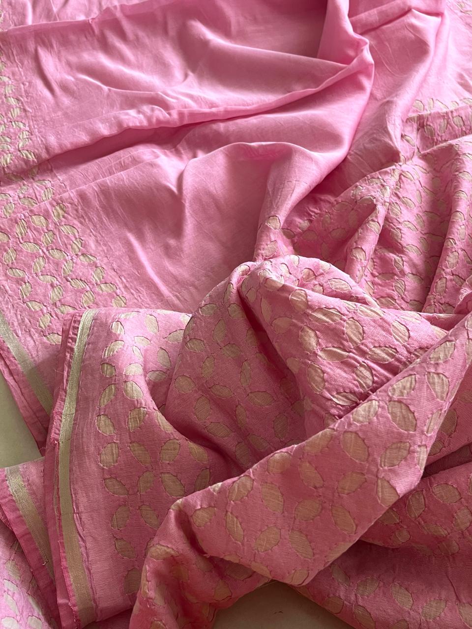 Exclusive Chanderi Handcrafted cutwork Saree - Pink