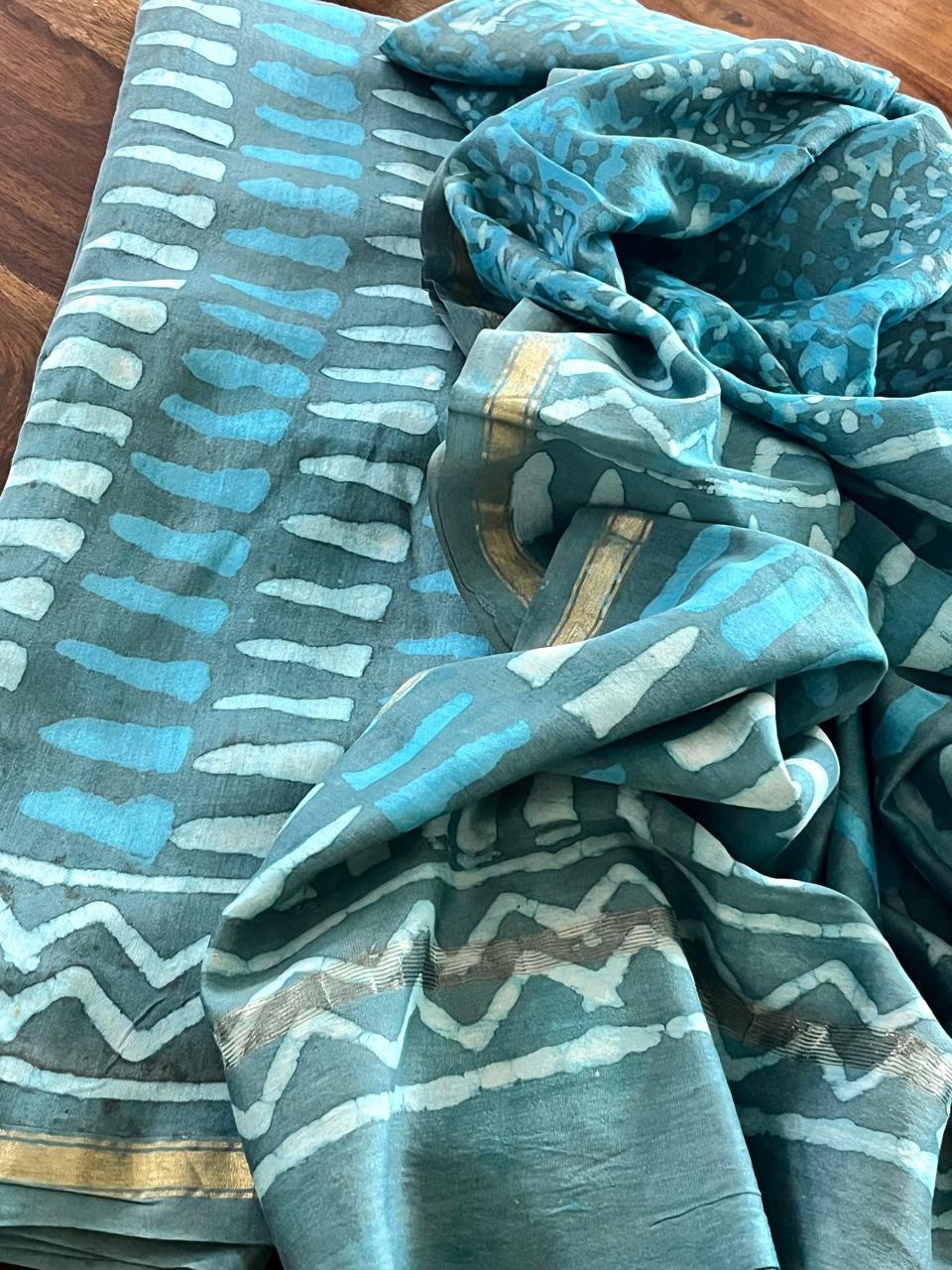 Chanderi 3 piece Dabu Handblock Print Suit - Coastal Blue