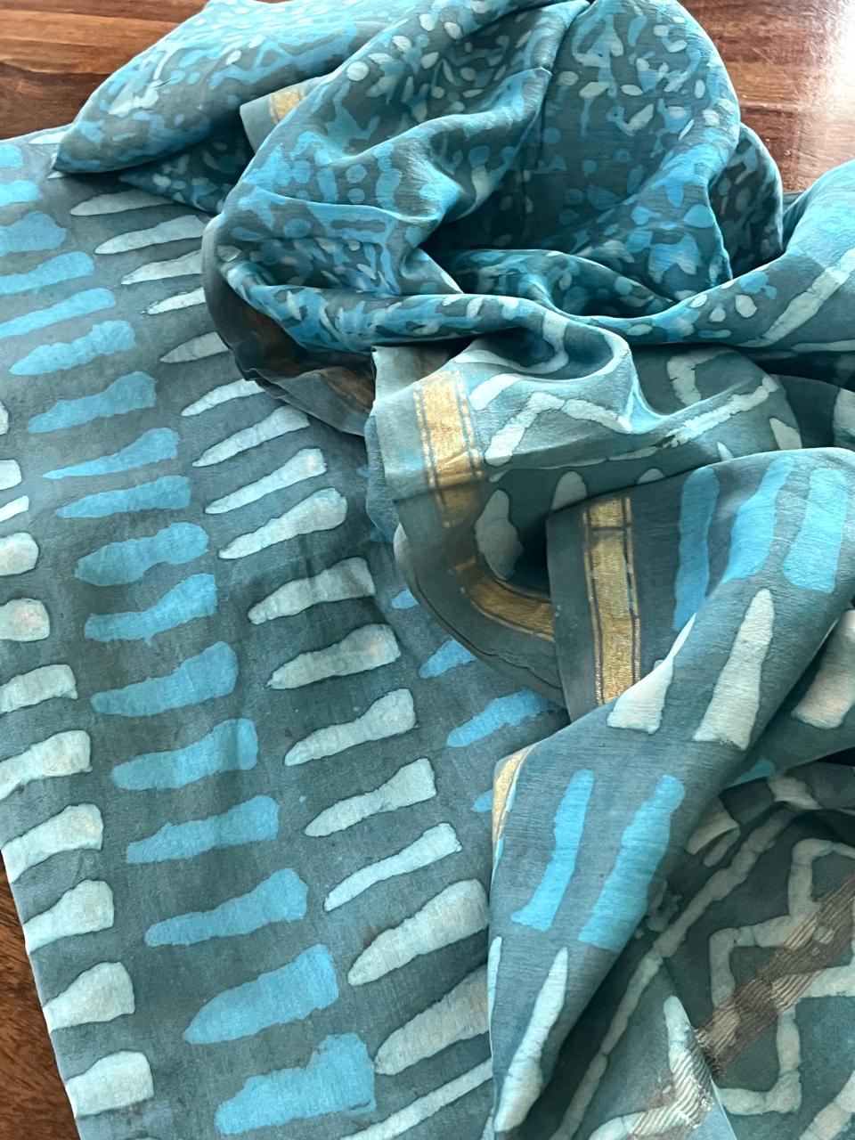 Chanderi 3 piece Dabu Handblock Print Suit - Coastal Blue