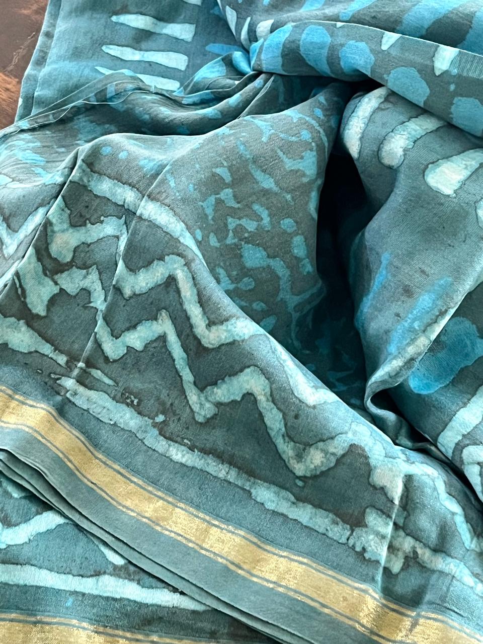 Chanderi 3 piece Dabu Handblock Print Suit - Coastal Blue