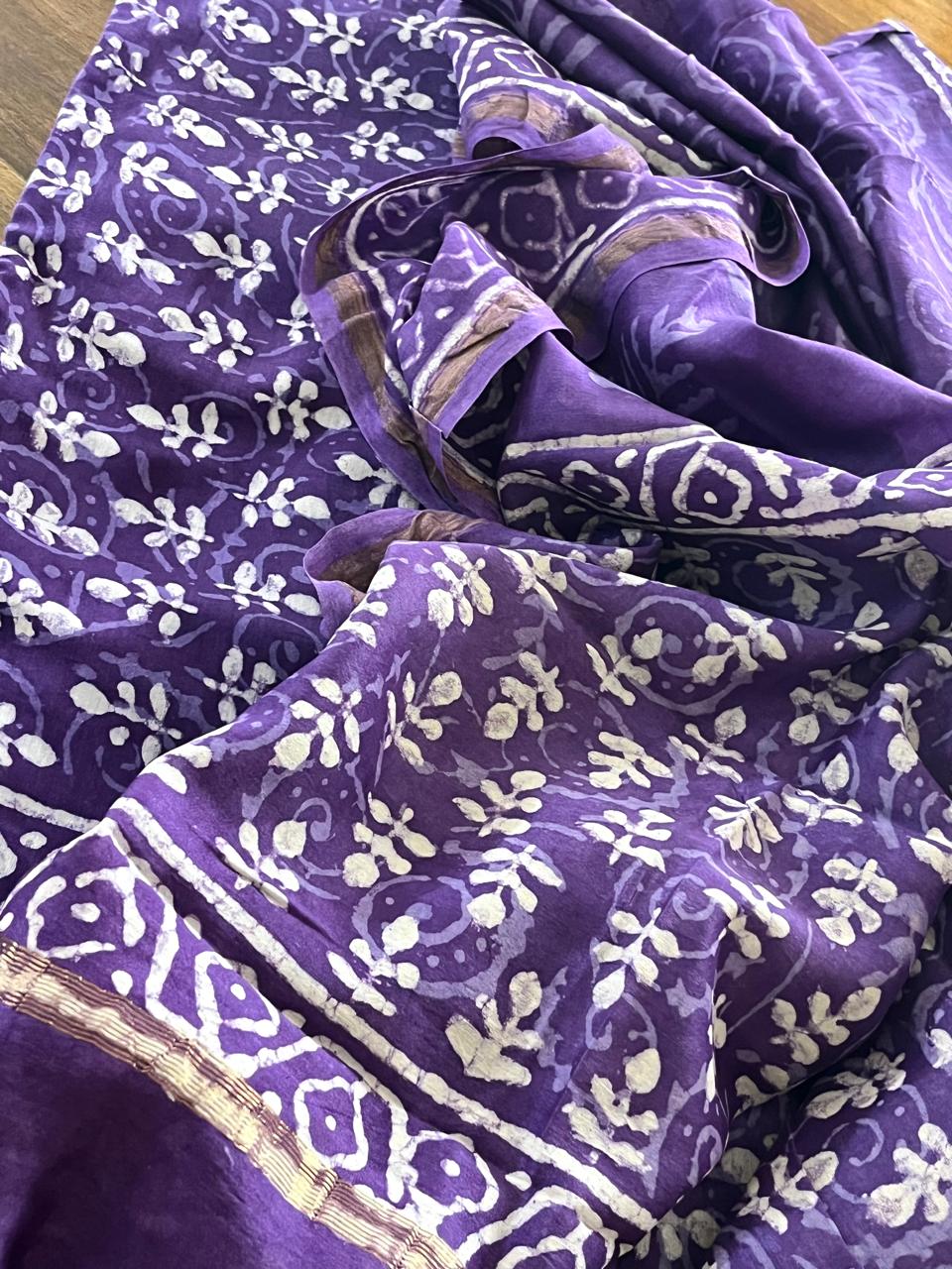 Chanderi 3 piece Dabu Handblock Print Suit - Purple