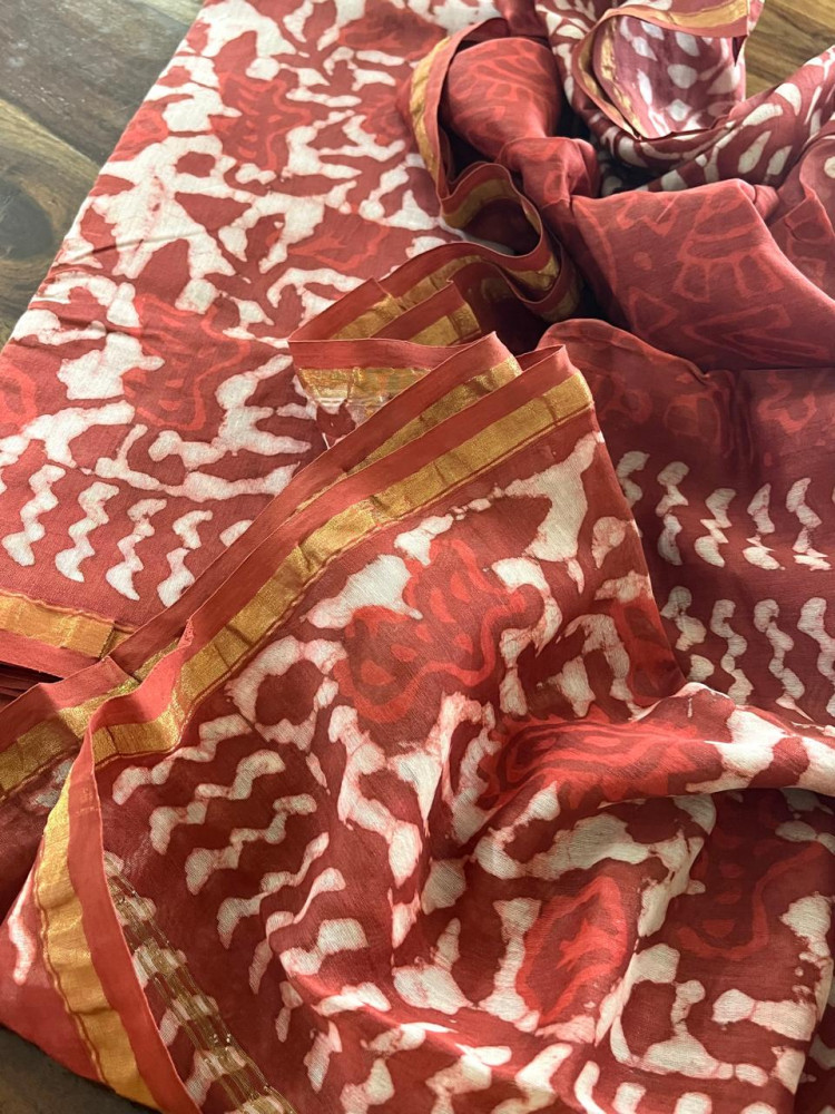 Image of Chanderi 3 piece Dabu Handblock Print Suit - Red