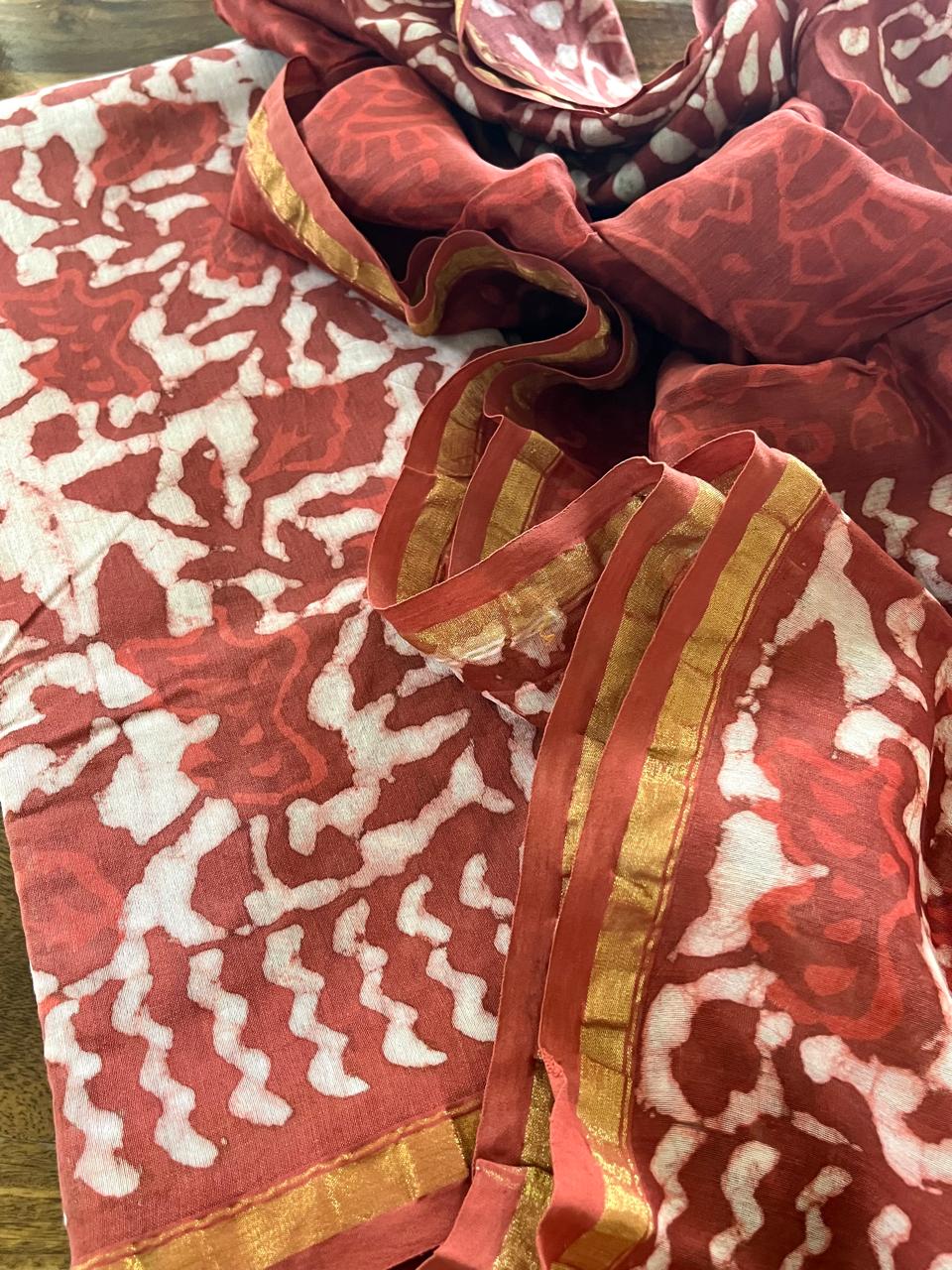 Chanderi 3 piece Dabu Handblock Print Suit - Red