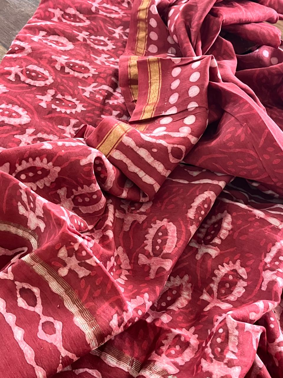 Chanderi 3 piece Dabu Handblock Print Suit - Rustic Red