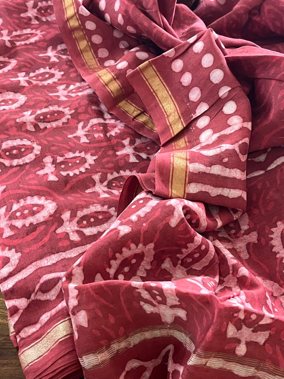 Chanderi 3 piece Dabu Handblock Print Suit - Rustic Red