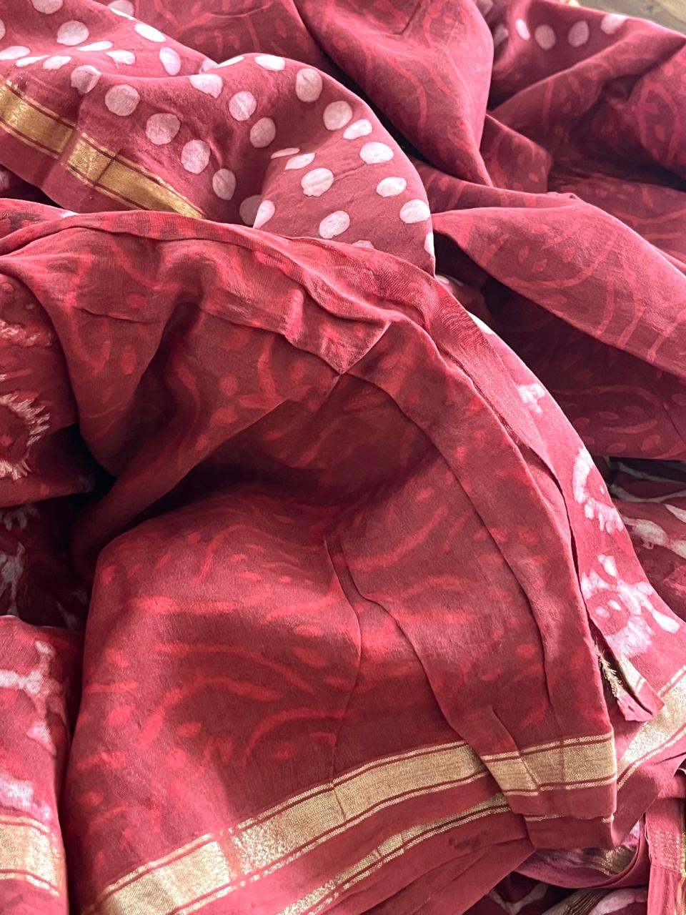 Chanderi 3 piece Dabu Handblock Print Suit - Rustic Red