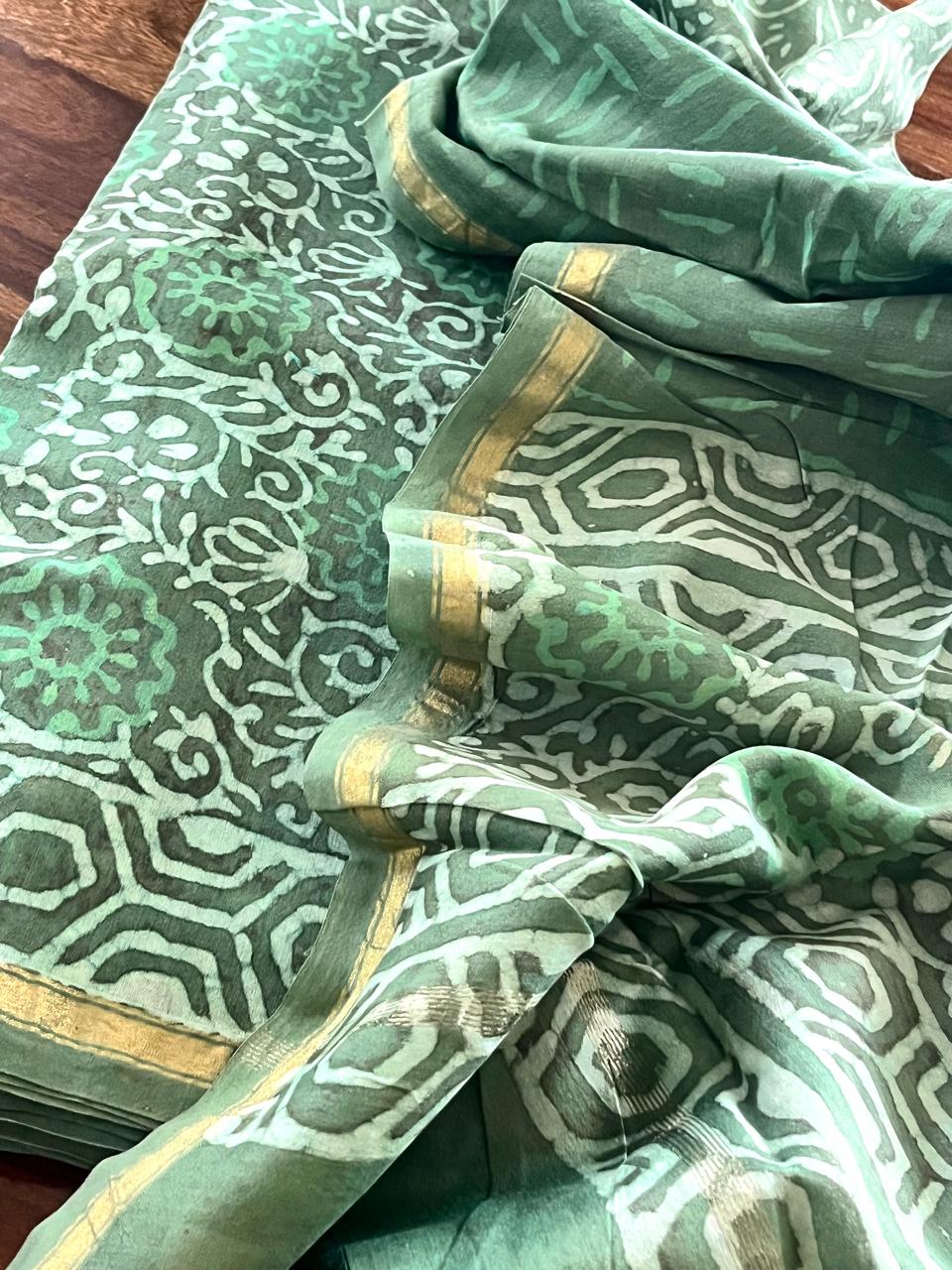 Chanderi 3 piece Dabu Handblock Print Suit - Sage Green