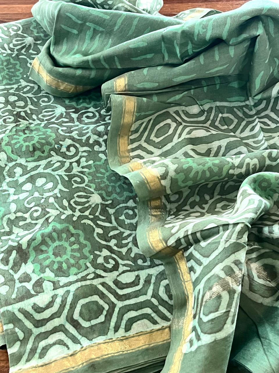 Chanderi 3 piece Dabu Handblock Print Suit - Sage Green