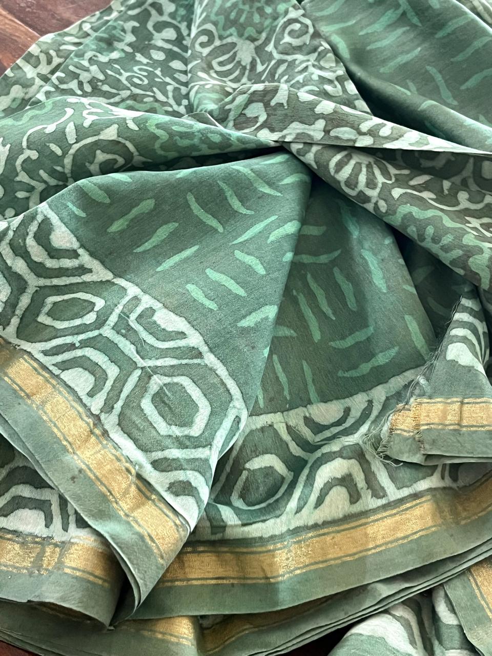 Chanderi 3 piece Dabu Handblock Print Suit - Sage Green