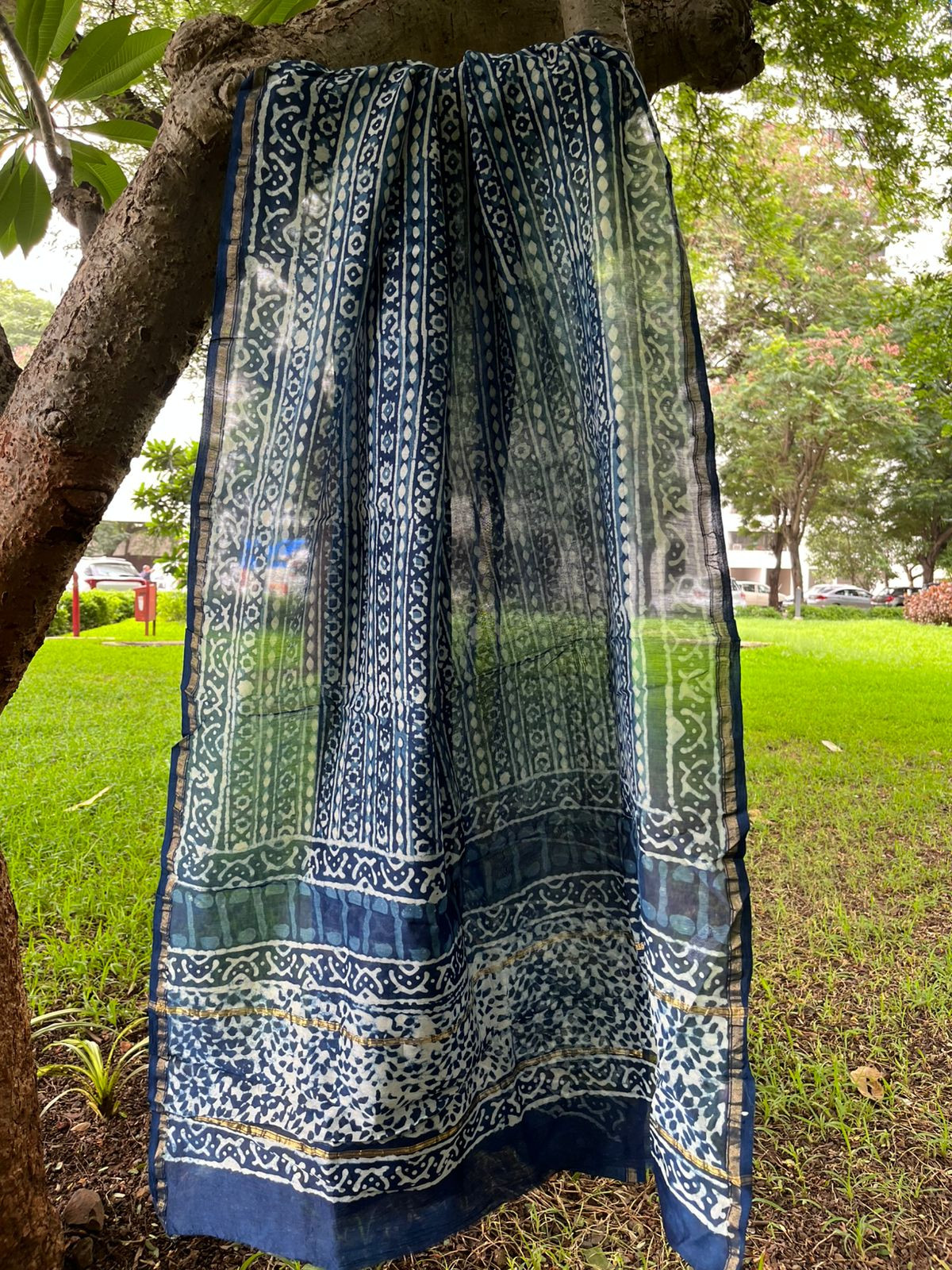 Chanderi Dupatta with Dabu Handblock print done in Indigo dye
