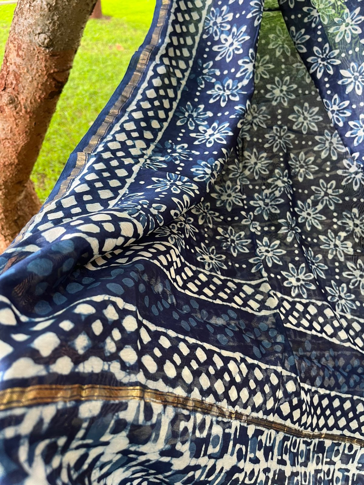 Chanderi Dupatta with Dabu Handblock print done in Indigo dye
