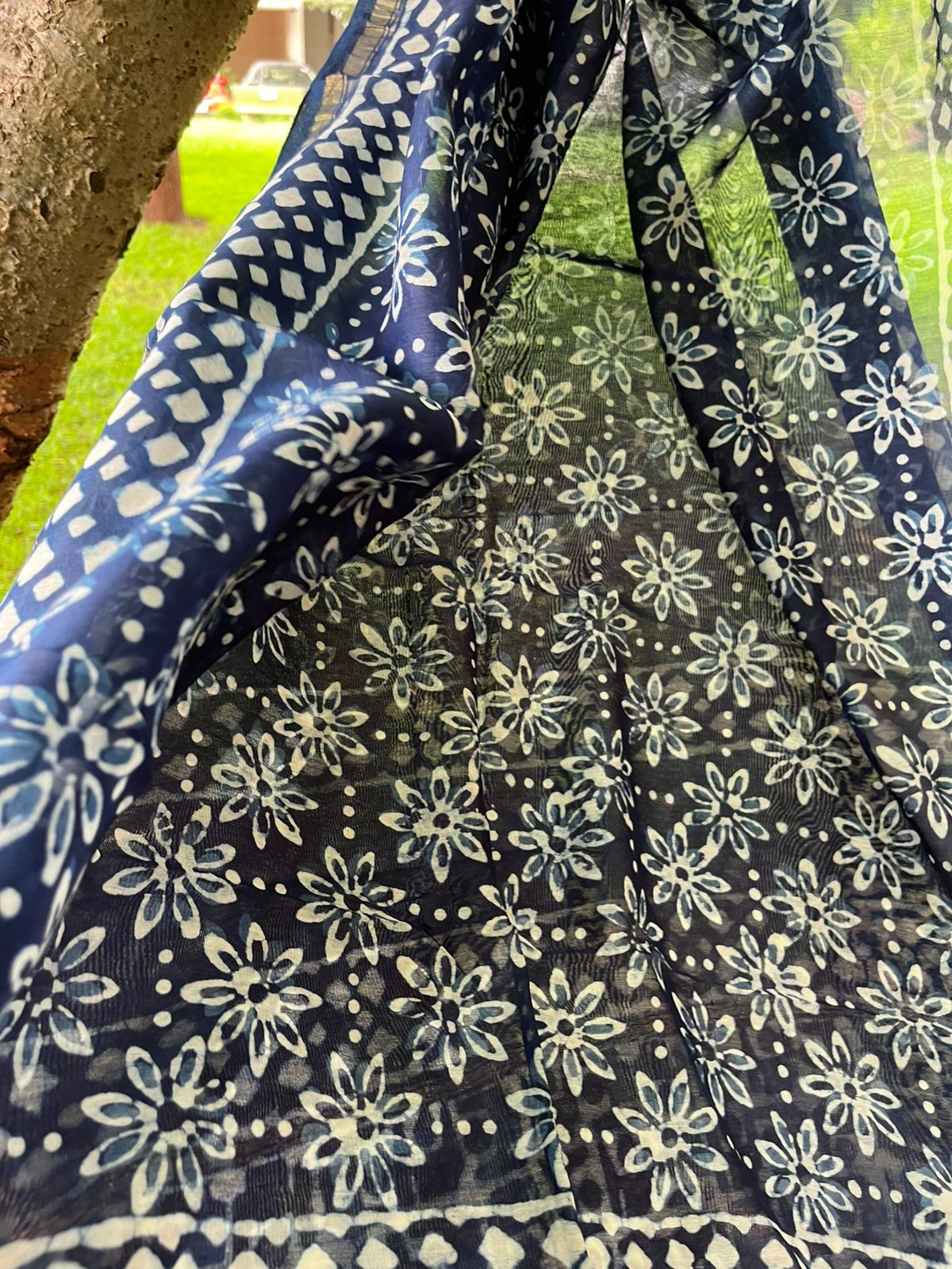 Chanderi Dupatta with Dabu Handblock print done in Indigo dye