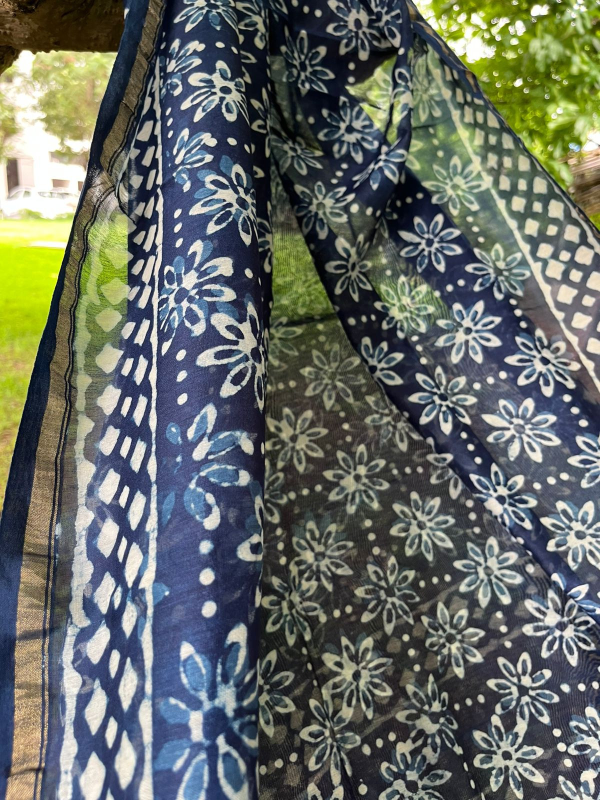 Chanderi Dupatta with Dabu Handblock print done in Indigo dye