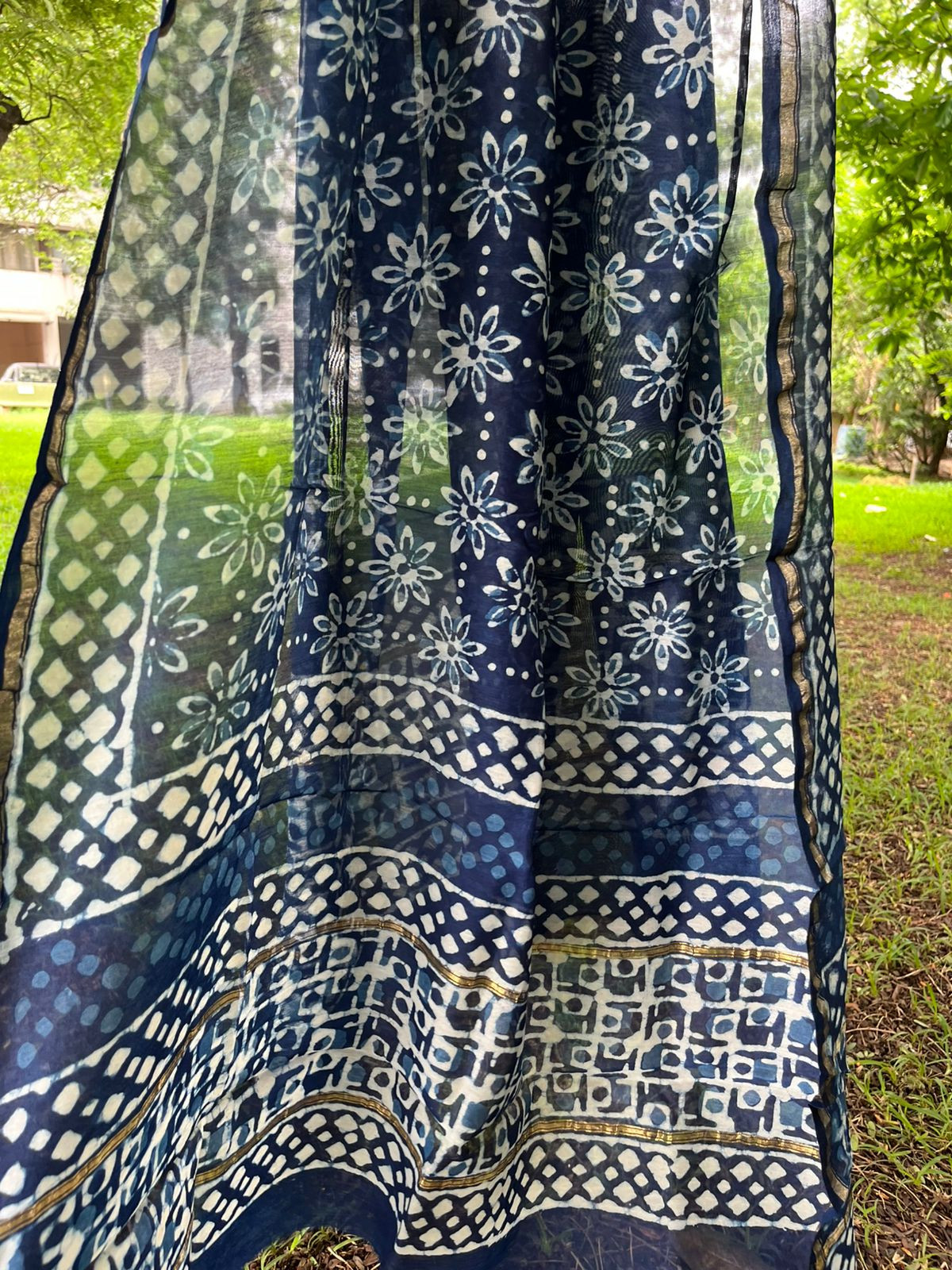 Chanderi Dupatta with Dabu Handblock print done in Indigo dye