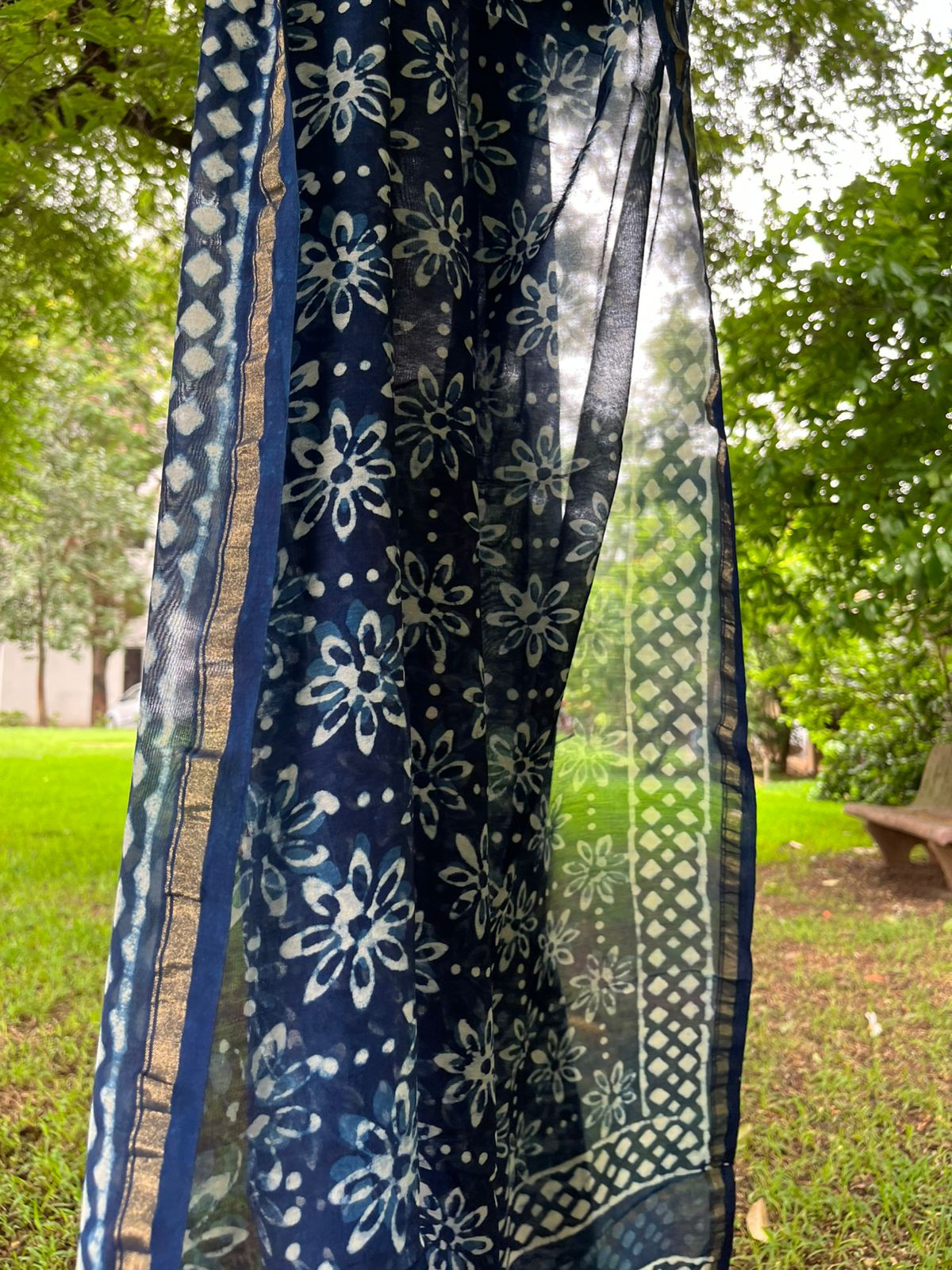 Chanderi Dupatta with Dabu Handblock print done in Indigo dye
