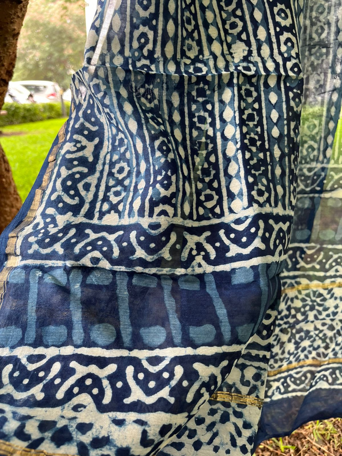 Chanderi Dupatta with Dabu Handblock print done in Indigo dye